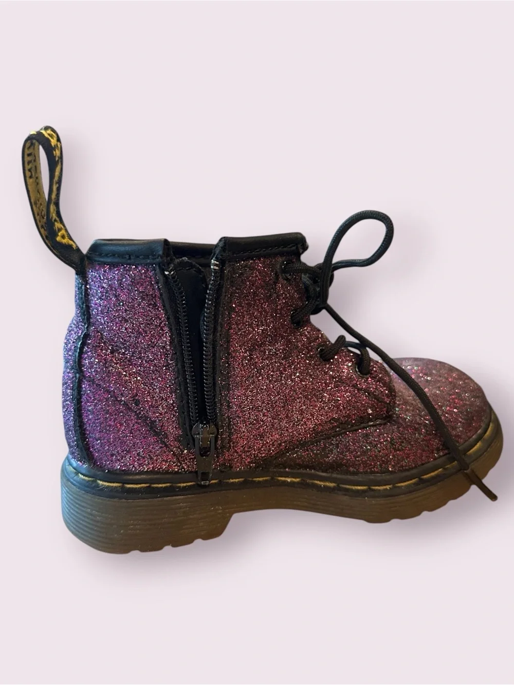 Kids Dr Martens Purple & Green Glitter Ankle Boots with Star Accents Size 6